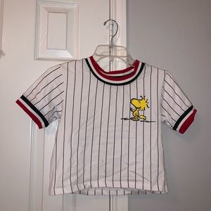 peanuts brand black and white striped crop top 😋